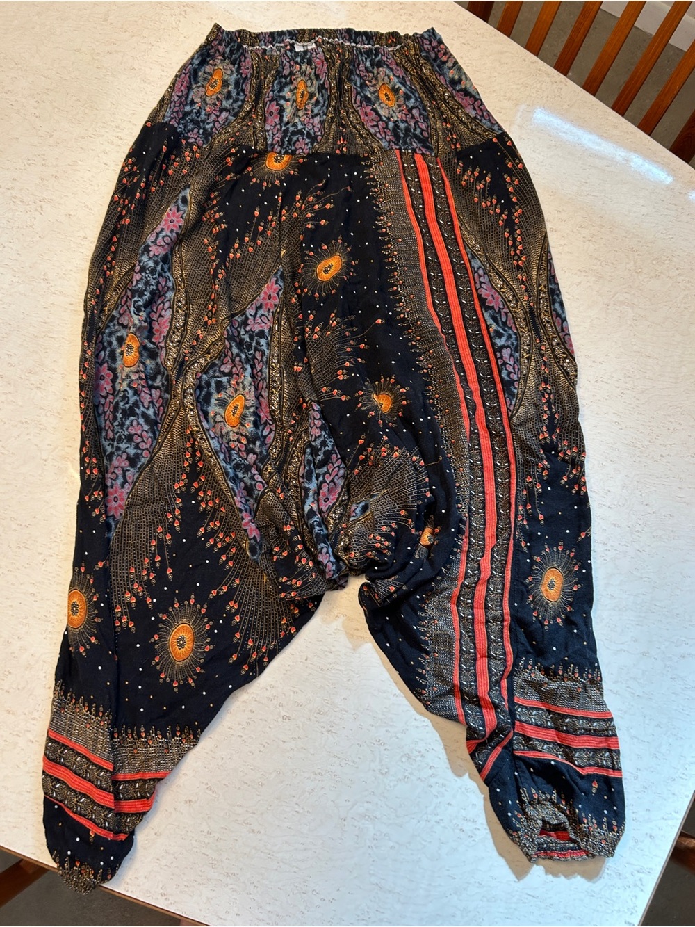 Bohemian Black Floral Harem Pants with Orange Accents